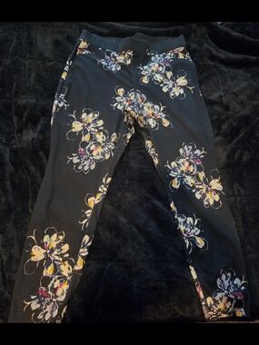 Topia Black Floral Leggings with Yellow and Pink Highlights